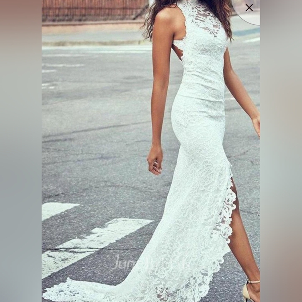 White wedding gown, split front, lace, halter, sleeveless, stretchy